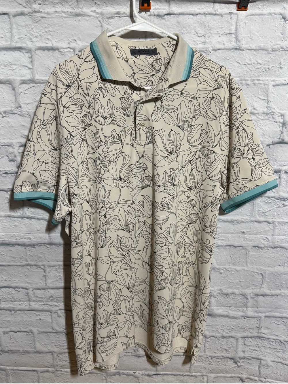 G/FORE Cream Floral Outline Iris Polo with Blue Trim, Size XL